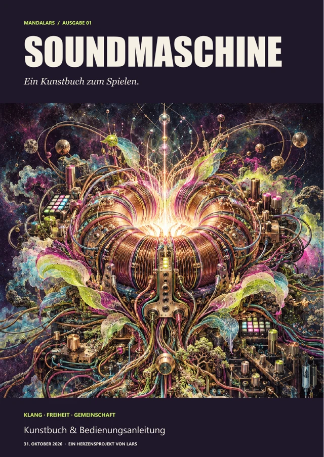 Titelblatt des Soundmaschine-Kunstbuchs mit einem orbitalen Maschinenherz